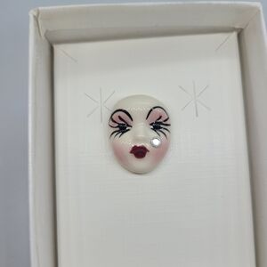 Vintage Fancy Faces Brooch Pin Handpainted Porcelain Mask with Rhinestone